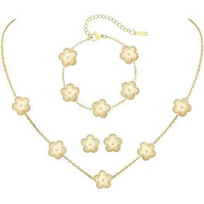 Lucky Clover Necklace Jewelry Sets,18K Gold Plated Flower Design Five Leaf Bracelet,Clover Necklace Pendant,Clover Earrings for Women Lucky, 4 Leaf Clover Necklace
