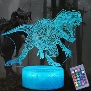 Dinosaur Night Light for Kids, 3D Illusion Lamp with Remote Control, 16 Colors Changing, RGB Flashing Mode and Dimmable, Gifts for Boys Christmas Decor