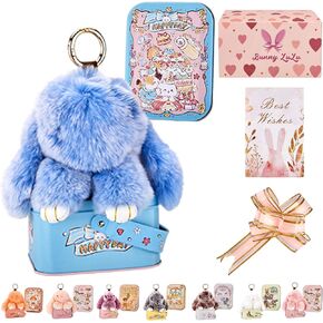 BunnyLulu Keychain with Tin Box Soft Plush Bunny Charm with Best Wishes Card & Ribbon Pom Lulu Bag Accessory