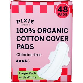 Pixie Cup Organic Cotton Large Pads for Women - Extra Heavy Absorbency with Wings - Leak-Proof, Hypoallergenic & Unscented - Compostable, Biodegradable - 48 Count