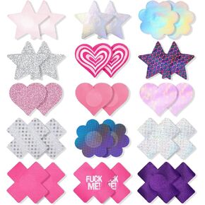 Grevosea 15 Pairs Pasties Nipple Covers, Disposable Nipple Pasties Lingerie No Show Breast Petals Nipple Stickers Nipple Covers for Women (4 Shapes) Multicolor