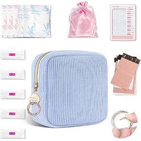 First Period Kit for Girls, Corduroy Cute Sanitary Napkin Storage Bag, Menstrual Pad Bag Tampon Holder for Purse, First Period Gifts (Blue)