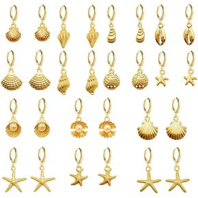 14 Pairs Boho Seashell Conch Earrings Set for Women Gold Plated Charm Starfish Cowrie Shell Pearl Sea Ocean Animal Hoop Earrings Bohemian Summer Beach Holiday Fashion Jewelry Gifts (Shell Set)