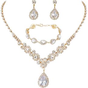 COCIDE Bride Jewelry Set Silver Crystal Wedding Necklace Earrings Bridal Rhinestone Teardrop Pendant Accessories for Women and Bridesmaids (3 piece set - 2 earrings and 1 necklace)