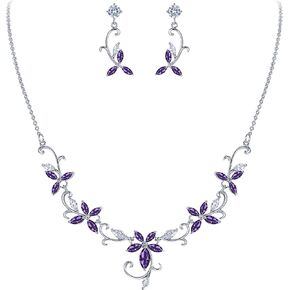 Crysdue Flower Leaf Wedding Jewelry Set for Bridal Bridemaid, Cubic Zirconia Teardrop Elegant Silver/14K/Rose Gold Plated Vine Necklace Dangle Earrings for Prom Party