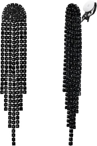 Brilove clip-on arrings Rhinestone متدلية للنساء الموضة الطويلة الثريا البارقة الشراعية الكريستال يتدلى داكن داكن in Saudi Arabia