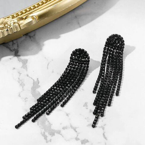 Brilove clip-on arrings Rhinestone متدلية للنساء الموضة الطويلة الثريا البارقة الشراعية الكريستال يتدلى داكن داكن in Saudi Arabia