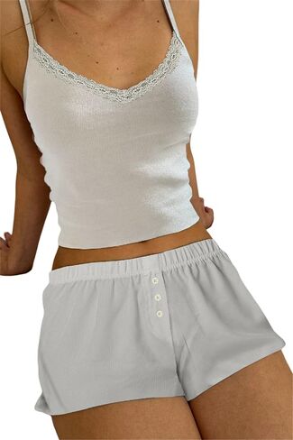 Yuemengxuan Women Two Piece Outfits Y2k Boy Shorts Set Sleeveless Crop Top Button Down Shorts Set Loungewear Pajamas Set in Saudi Arabia