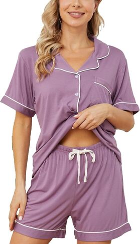 Womens Pajama مجموعات قصيرة الأكمام ناعم زر لينة أسفل صالة Lounge PJ Set XS-XXL in Kuwait