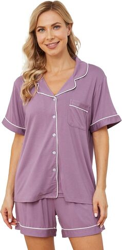 Womens Pajama مجموعات قصيرة الأكمام ناعم زر لينة أسفل صالة Lounge PJ Set XS-XXL in Kuwait