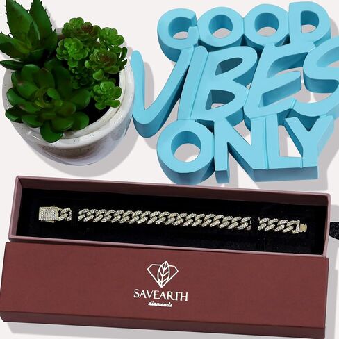 SAVEARTH DIAMONDS Round Cut Lab Created Moissanite Diamond 10MM Width Cuban Chain Bracelet In 14k Gold Over Sterling Silver Jewelry For Men (G-H Color, VVS1 Clarity, 2.70 Ct To 3.00 Ct) in Saudi Arabia