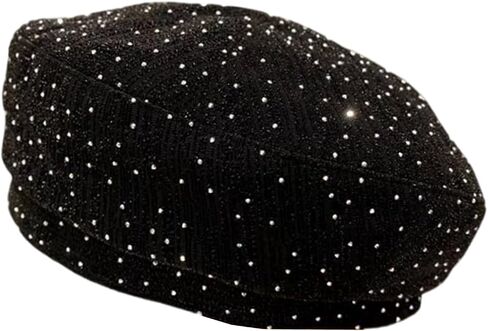 Women Shiny Rhinestone French Black Beret Hat Bling Bling Artist Causal Beanie Cap in Saudi Arabia