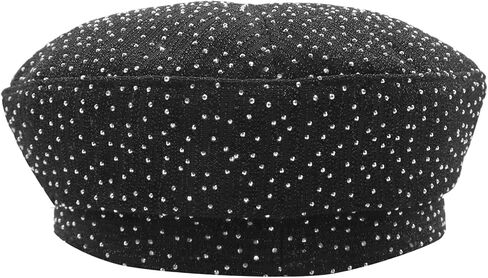 Women Shiny Rhinestone French Black Beret Hat Bling Bling Artist Causal Beanie Cap in Saudi Arabia
