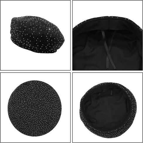 Women Shiny Rhinestone French Black Beret Hat Bling Bling Artist Causal Beanie Cap in Saudi Arabia