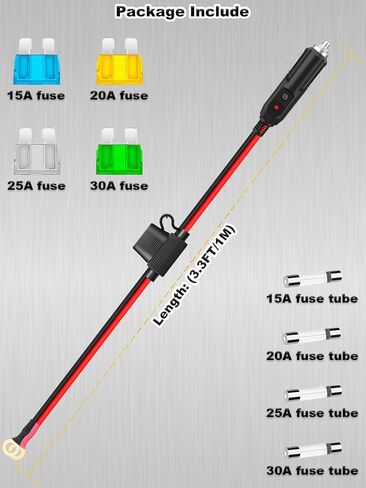 12AWG Heavy Duty Cigarette Lighter Plug, 3.3FT Cigarette Lighter Adapter Charger Cord with LED Lights and Fuse Box, Cigarette Lighter Male Plug Adapter Cable for Car Inverter, Air Pump, DIY in Saudi Arabia