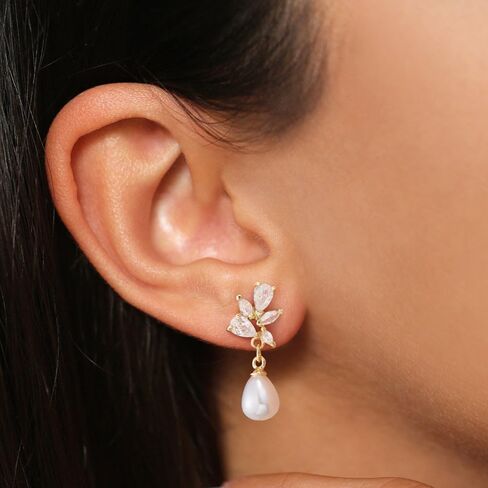 Hanli 14k Gold Plated Prom Prom Pearl Elegant arics for Brides - Gold CZ Dangle Drop Conte Bridal arring for Women Dainty Danling Stud arrings Jewelry Trendy in Kuwait