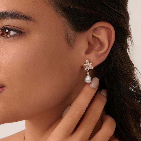 Hanli 14k Gold Plated Prom Prom Pearl Elegant arics for Brides - Gold CZ Dangle Drop Conte Bridal arring for Women Dainty Danling Stud arrings Jewelry Trendy in Kuwait