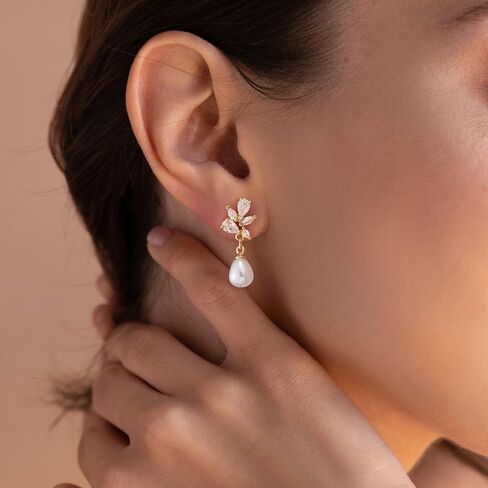 Hanli 14k Gold Plated Prom Prom Pearl Elegant arics for Brides - Gold CZ Dangle Drop Conte Bridal arring for Women Dainty Danling Stud arrings Jewelry Trendy in Kuwait