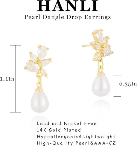 Hanli 14k Gold Plated Prom Prom Pearl Elegant arics for Brides - Gold CZ Dangle Drop Conte Bridal arring for Women Dainty Danling Stud arrings Jewelry Trendy in Kuwait