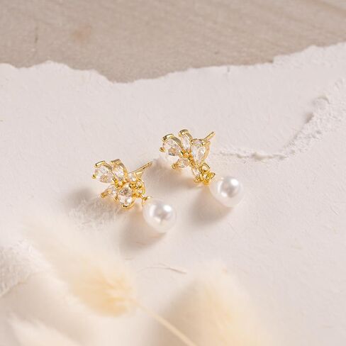 Hanli 14k Gold Plated Prom Prom Pearl Elegant arics for Brides - Gold CZ Dangle Drop Conte Bridal arring for Women Dainty Danling Stud arrings Jewelry Trendy in Kuwait