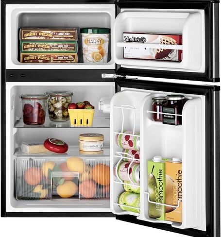 GE Mini Fridge With Freezer | 3.1 Cubic Ft. | Double-Door Design With Glass Shelves, Crisper Drawer & Spacious Freezer | Small Refrigerator Perfect for the Garage, Dorm Room, or Bedroom | Black in Saudi Arabia