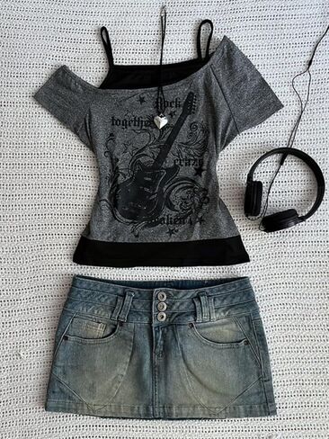 Emo Grunge Shirts Women 2000s Graphic Baby Tees Fake Two Piece Short Sleeve Vintage Y2k Crop Top Goth Alt Clothes in Saudi Arabia