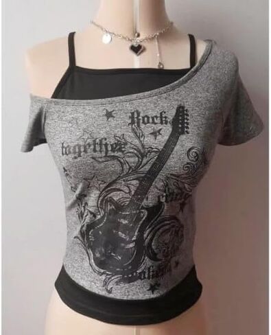 Emo Grunge Shirts Women 2000s Graphic Baby Tees Fake Two Piece Short Sleeve Vintage Y2k Crop Top Goth Alt Clothes in Saudi Arabia
