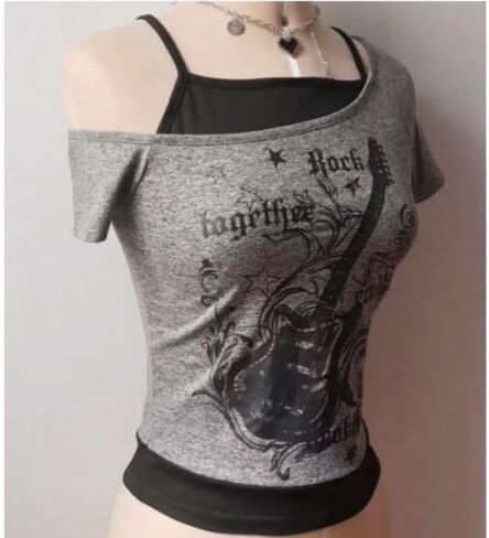 Emo Grunge Shirts Women 2000s Graphic Baby Tees Fake Two Piece Short Sleeve Vintage Y2k Crop Top Goth Alt Clothes in Saudi Arabia