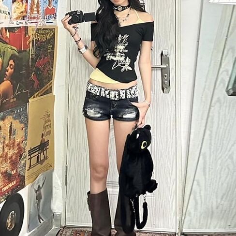 Emo Grunge Shirts Women 2000s Graphic Baby Tees Fake Two Piece Short Sleeve Vintage Y2k Crop Top Goth Alt Clothes in Saudi Arabia