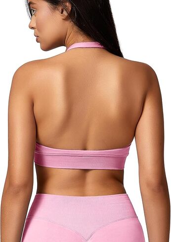 YEOREO SoftHue Women Halter Sports Bra Workout Seamless Padded Basic Bra Open Back Yoga Gym Crop Top in Kuwait