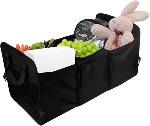 Car Trunk Organizer, Portable & Foldable Trunk Storage Organizer with 3 Compartments, Universal Large Capacity Trunk Storage Box for Cars Trucks SUVs, Car Accessories (Black, Handle) in Saudi Arabia