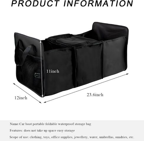 Car Trunk Organizer, Portable & Foldable Trunk Storage Organizer with 3 Compartments, Universal Large Capacity Trunk Storage Box for Cars Trucks SUVs, Car Accessories (Black, Handle) in Saudi Arabia