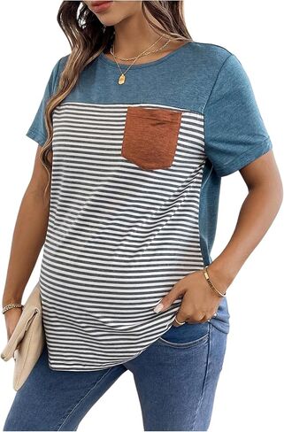 Women's Maternity Tops Striped Color Block Pregnancy T Shirt Short Sleeve Crewneck Summer Tops in Saudi Arabia