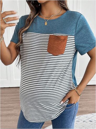 Women's Maternity Tops Striped Color Block Pregnancy T Shirt Short Sleeve Crewneck Summer Tops in Saudi Arabia