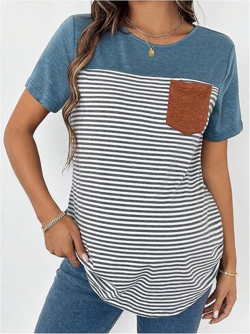 Women's Maternity Tops Striped Color Block Pregnancy T Shirt Short Sleeve Crewneck Summer Tops in Saudi Arabia