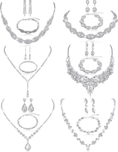 6 Sets Bridesmaid Jewelry Set for Wedding Silver Crystal Rhinestone Necklace Earrings Bracelet for Women Bride Bridal Jewelry in Saudi Arabia
