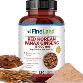 FineLand Red Korean Panax Ginseng 20x Extract 13,000mg Eq. Per Capsule, 5% Ginsenosides!, Max Strength, Immune Support, Concentration & Cognitive Support, 120 Capsule, 4 Months Supply