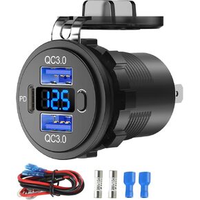 12V USB C Outlet Marine USB Charging Port for Car, Dual Quick Charge 3.0 & PD 3.0 Car Charger Socket with Button Switch and Voltmeter, Cigarette Lighter Replacement DIY Kit for 12V/24V Vehicles