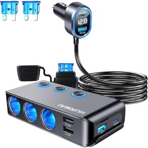 9 in 1 Cigarette Lighter Splitter,264W 3 Socket Car Cigarette Lighter Adapter,Type-C QC3.0 PD 30W Charging,Heavy Duty Truck Car USB Chager Multi Plug Outlet 12V/24V Independent Switches,LED Voltmeter
