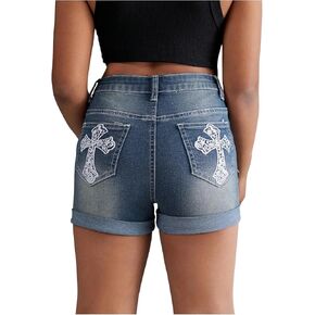 Girl's Cross Graphic Denim Shorts Roll Up Hem Skinny Casual Short Jeans with Pockets