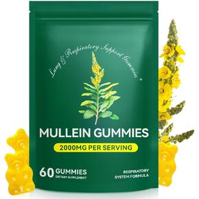 Mullein Gummies for Lungs & Respiratory Health - Herbal Supplement with Organic Mullein Leaf Extract, Vegan, Non-GMO, Natural Immune Booster, Digestive Health & Gut Support- 60 Count