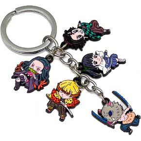 Demon Slayer Keychain Set - Key Rings with Nezuko, Tanjiro, Zenitsu, Inosuke & Kanao – Durable Chibi Anime Charms with Vibrant Detail – Anime Gift & Demon Slayer Merch for Bags & Keys