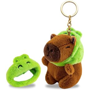 Capybara Plush Stuffed Animal Kawaii Capybara Keychain Gifts Stuff Animals with Green Frog Hat Cute Womens Key Chain Bag Charms for Handbag Purse Backpack