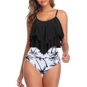 Womens Tankini Swimsuits High Waisted Bathing Suits Tummy Control Ruffled Top Swimming Suits Two Piece Swimwear 02 Black White 10-12