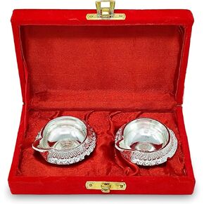 Silver Plated Kuber Diya with Red Velvet Gift Box Pooja Items Diwali Decoration Puja Gifts Handmade Daily Oil Lamp Traditional Indian Deepawali Gift Items