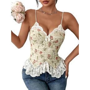 Women's Vintage Floral Lace Trim Corset Top Lace-Up Back Spaghetti Straps French Retro Sexy Sleeveless Bustier Tops