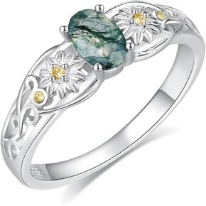 Yafeini Natural Moss Agate Ring 925 Sterling Silver Daisy Ring خاتم عباد الشمس الطحلب هدايا المجوهرات Ring For Mom Girls (7-10)