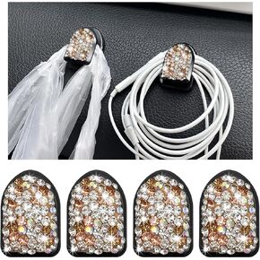 4PCS Bling Car Mini Hooks, Multifunctional Adhesive Small Auto Storage Hook for Key Cable Mask, Crystal Rhinestone Dashboard Hanging Hook, Interior Decor Car Accessories (White)