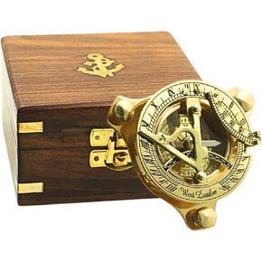Vintage Brass Sundial Compass with Wooden Storage Box – 2.5'' Compass – Perfect for Navigation, Nautical Décor, and Gift