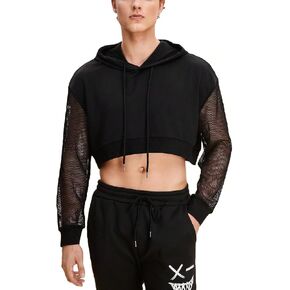 WDIRARA Men's Drawstring Mesh Long Sleeve Hoodie Sweatshirt Pullover Crop Top